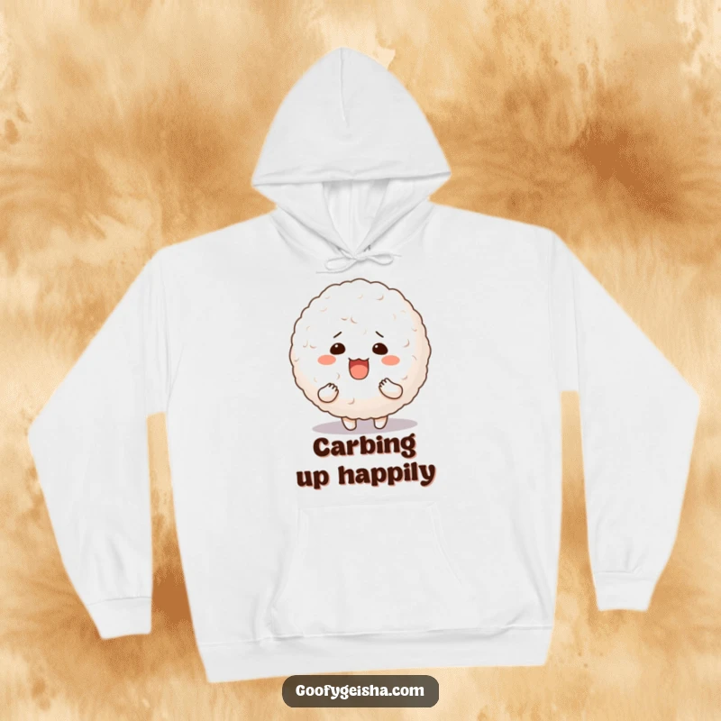 Funny hoodie illustrated with a character making a very silly face while holding a comically large, bouncy rice ball.