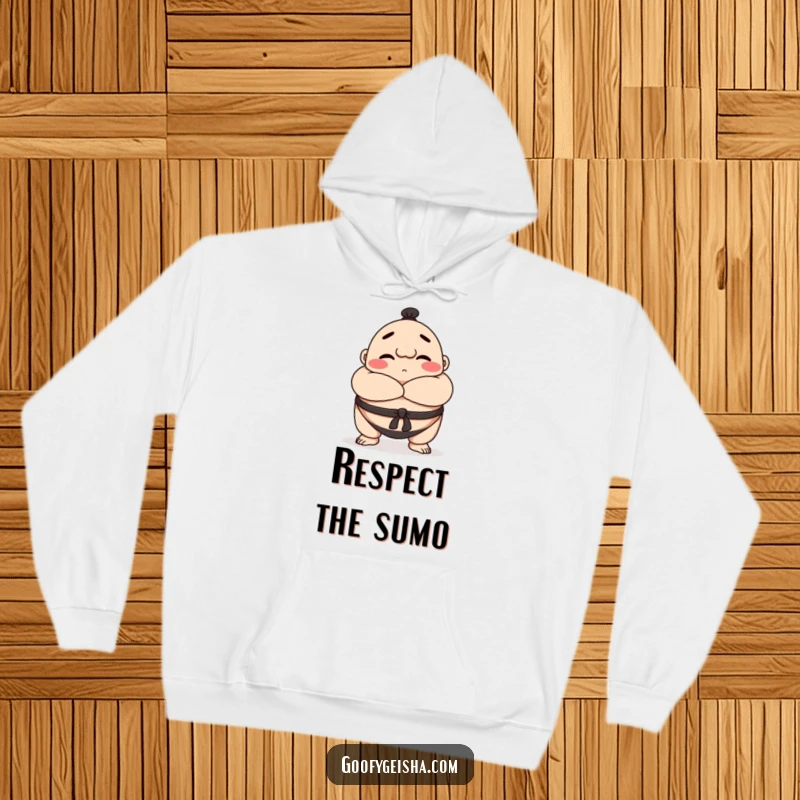 Funny Sumo wrestler hoodie featuring a happy character bowing respectfully with arms crossed, perfect for cozy, good-natured wear.