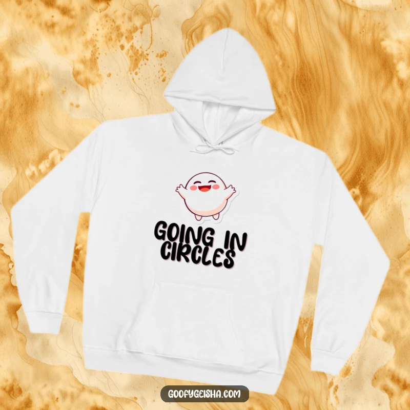 Funny cozy hoodie depicting a Daruma doll character joyfully spinning around, perfect for casual, humorous wear.