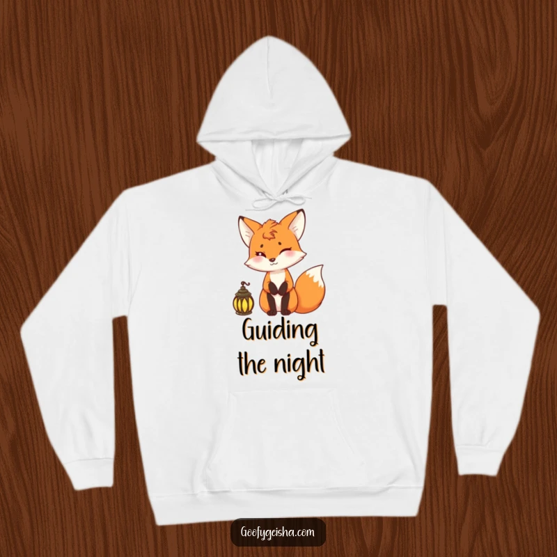 Funny fox hoodie featuring a mischievous fox holding a lantern, ideal for keeping warm during adventures.