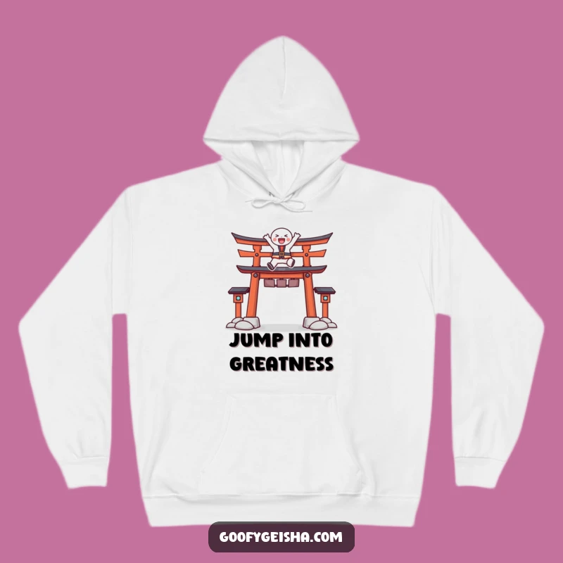 Cozy Funny Torii Gate Leap Hoodie: Energetic Character's Joy, Warm Funny Gift