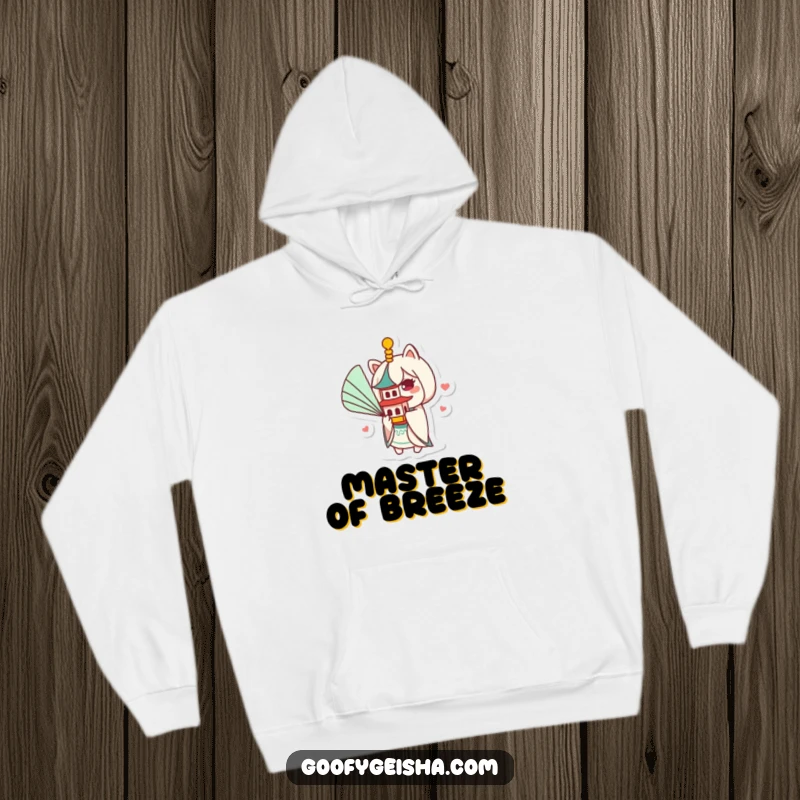 Funny Kawaii hoodie featuring a whimsical character playfully fanning a miniature pagoda with an oversized fan, radiating pure, lighthearted fun.