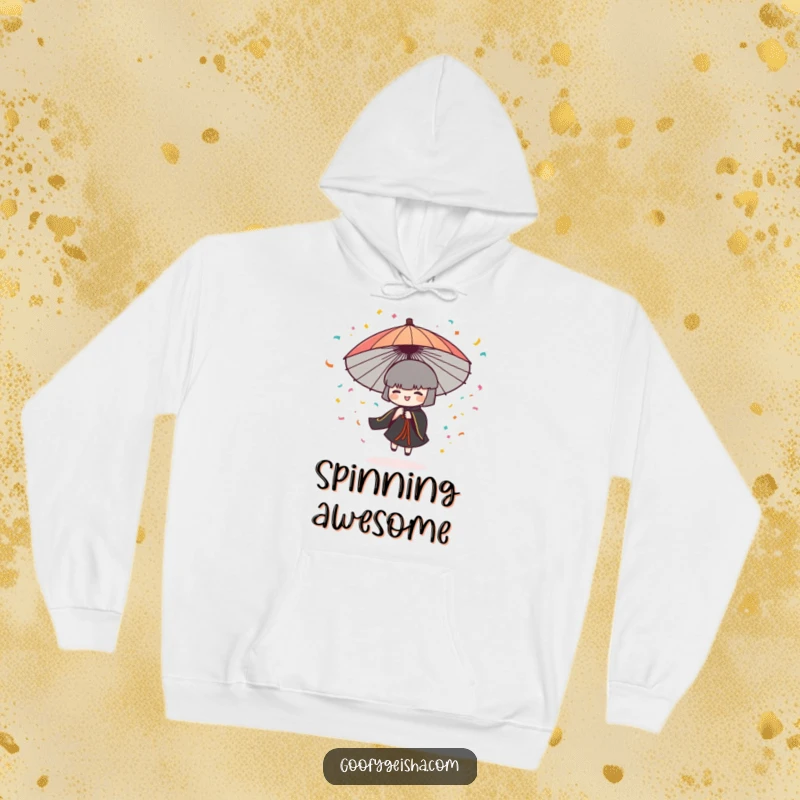 Funny hoodie with a stylized Japanese umbrella character in a dynamic spin, releasing a shower of vibrant confetti.