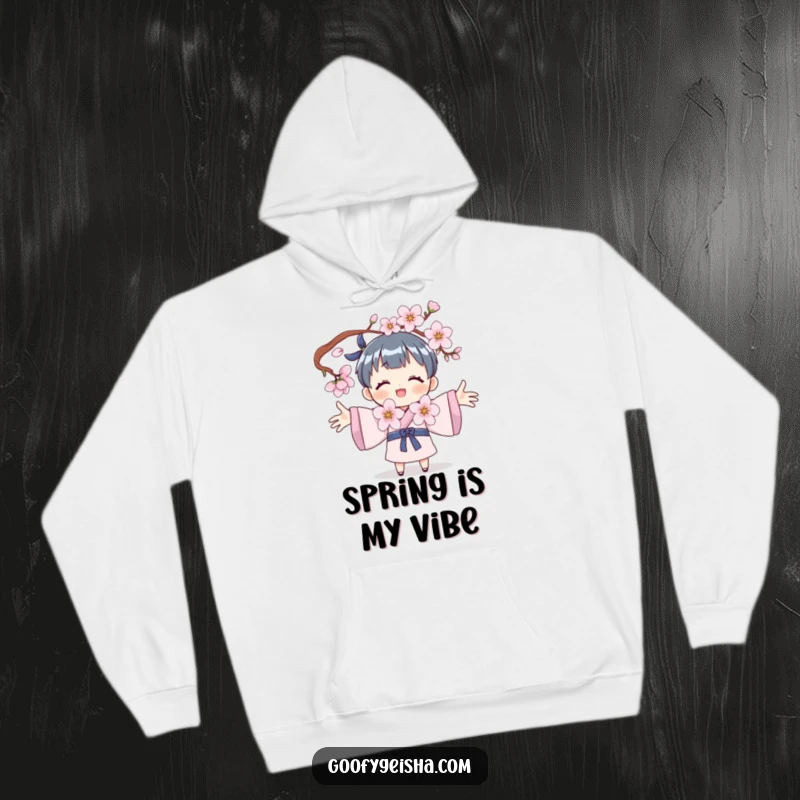 Funny hoodie depicting a character embracing a cherry blossom, offering a blend of comfort, nature, and gentle humor.