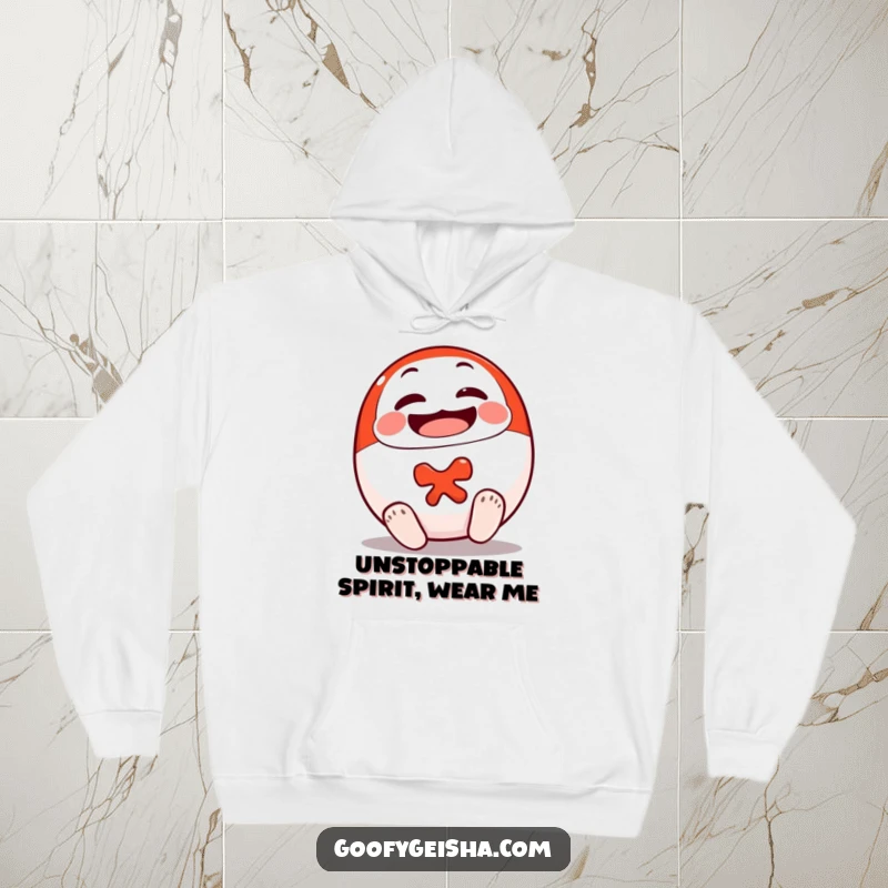 Funny Daruma Doll Hoodie featuring a smiling character rolling upright, symbolizing resilience and providing cozy motivation.