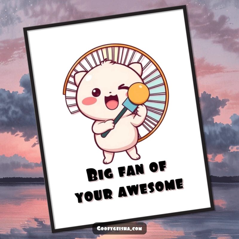 Funny Free Printable Wall Art: A round Kawaii character excitedly holding a giant fan, radiating happiness.