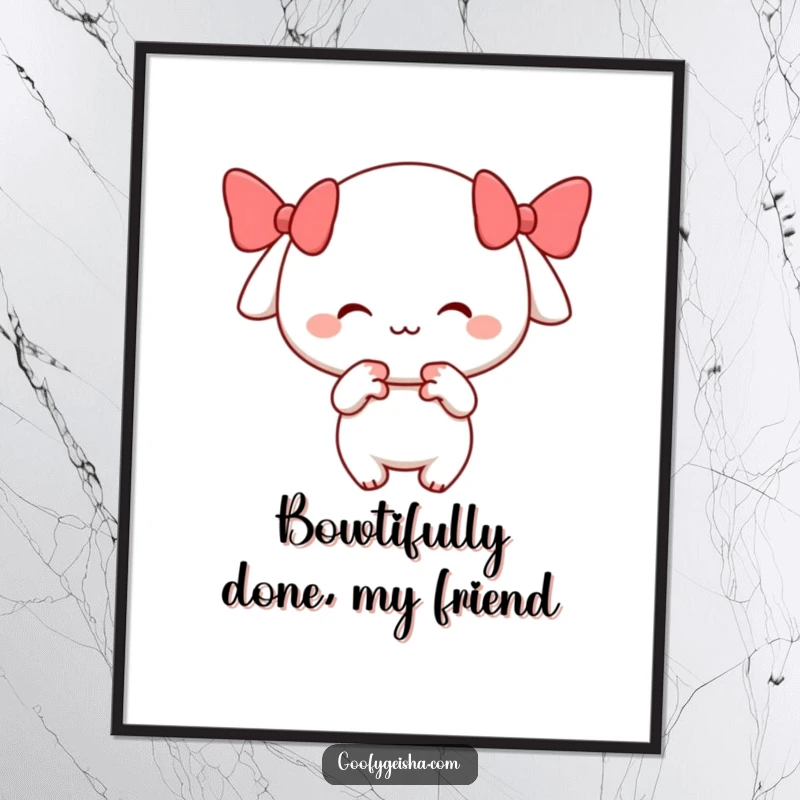 Funny Free Printable Wall Art: Little character with a cheerful smile performs a playful bow. Charming downloadable decor.