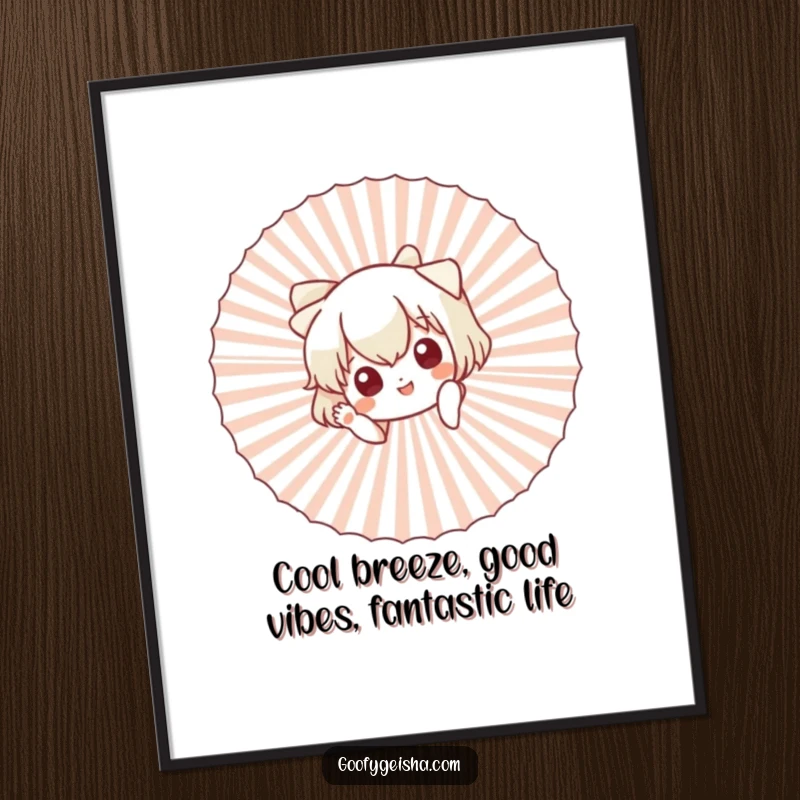 Funny Free Printable Wall Art: A cute character humorously peeking from behind a giant fan, giving a playful wave.