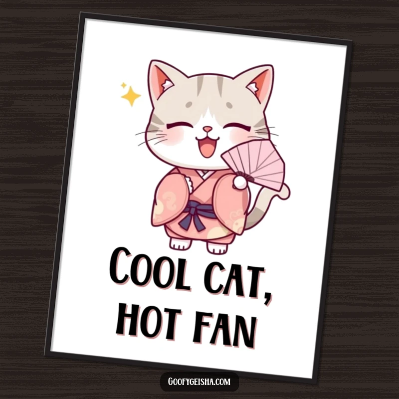 Funny Free Printable Wall Art: A Kawaii cat in a kimono, fanning itself enthusiastically, bringing cute and chic downloadable decor.