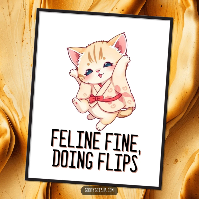 Funny Free Printable Wall Art: A kitten dressed in a tiny kimono, executing a charming and energetic somersault.