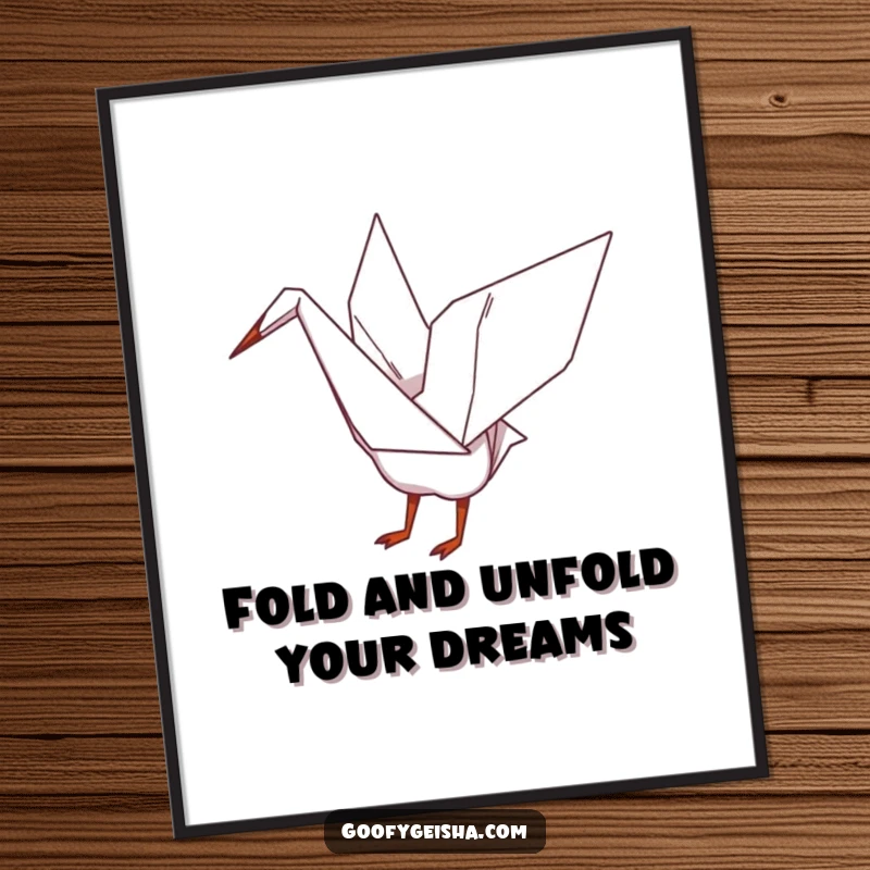 Funny Free Printable Wall Art: A whimsical origami crane character playfully flapping its wings, evoking serenity and gentle movement.