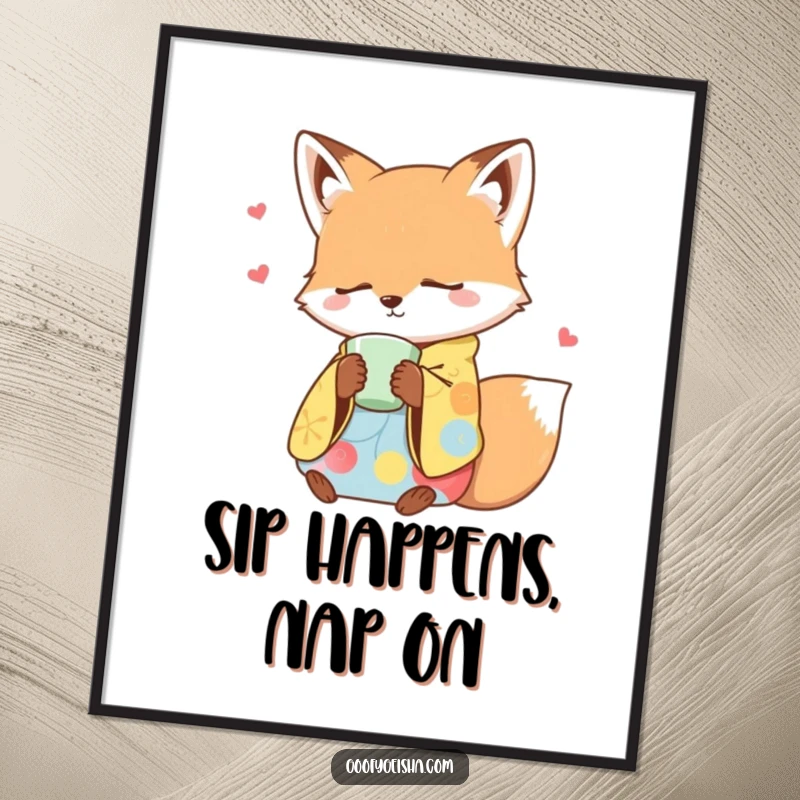 Funny free printable wall art of a sleepy fox in a colorful kimono dozing off with a teacup, exuding ultimate relaxation.
