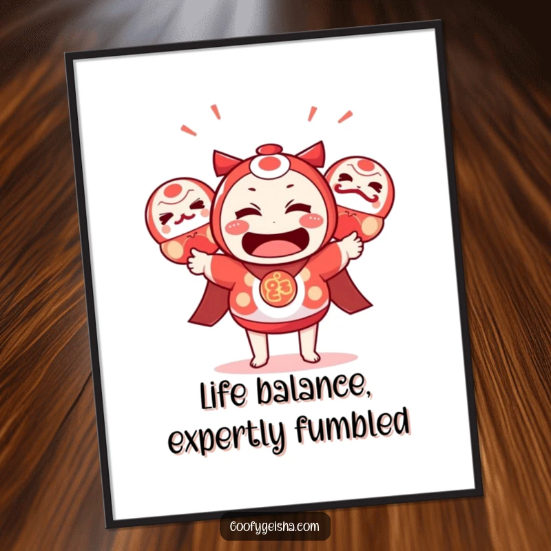 Funny Free Printable Wall Art: Cheerful Kawaii character humorously juggles three colorful daruma dolls, adding playful energy to decor.