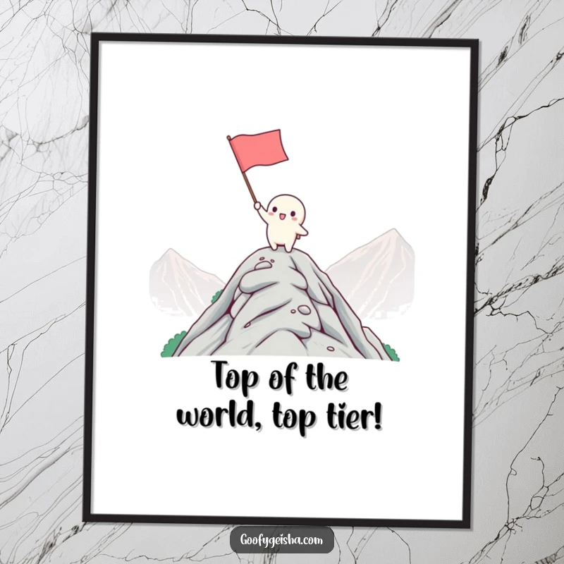 Funny Free Printable Wall Art: Tiny Kawaii character triumphantly waves a flag from a mountaintop, inspiring joy and adventure.