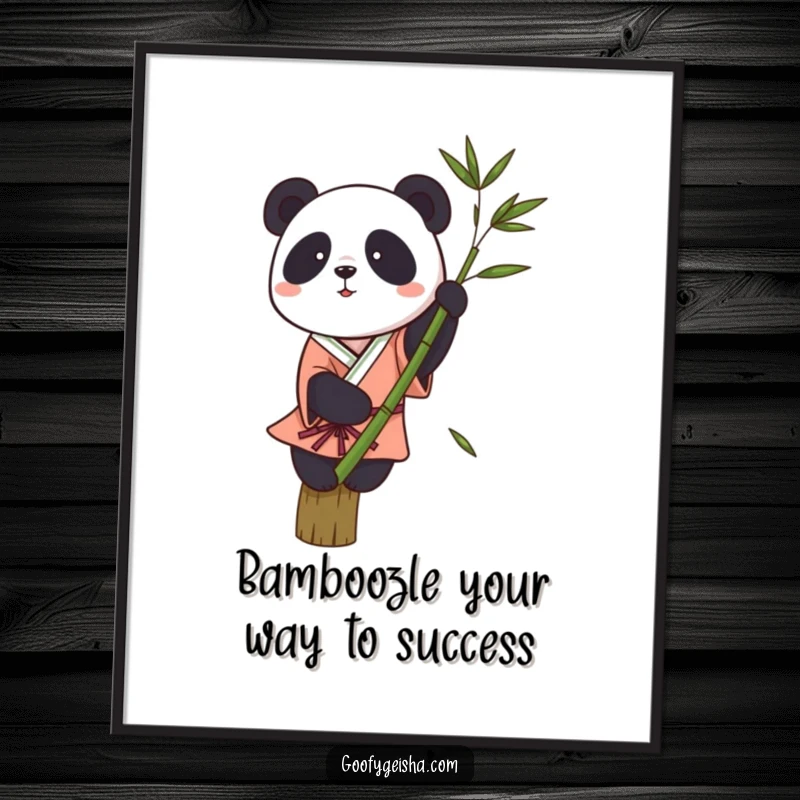 Funny free printable wall art of a panda in a kimono trying to balance on a single bamboo stalk, looking comically unstable.