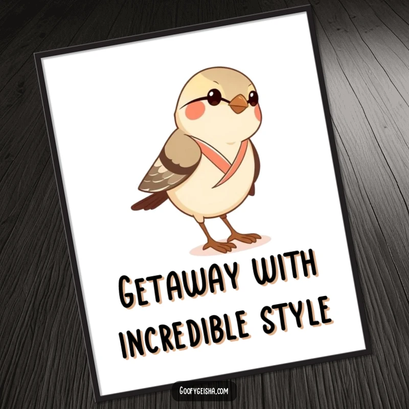 Funny free printable wall art of a curious sparrow in a dainty kimono attempting to wear oversized geta sandals, looking adorably confused.