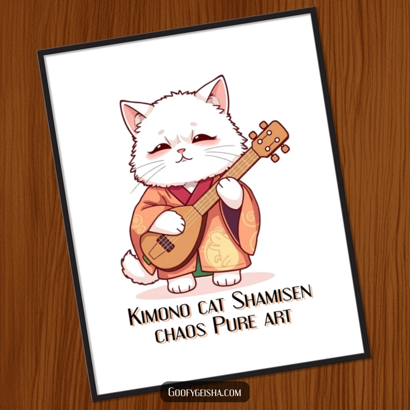 Funny free printable wall art of a fluffy white cat in a vibrant kimono awkwardly attempting to play a shamisen, creating a comical scene.