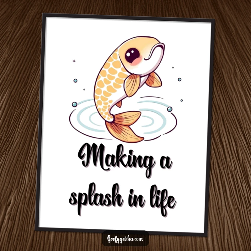 Funny free printable wall art: A dynamic koi fish character leaping energetically from stylized, shimmering water ripples.