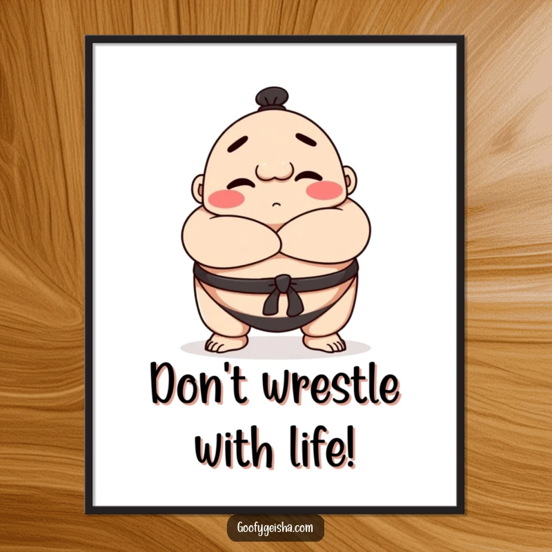 Funny Free Printable Wall Art: A happy Sumo wrestler character bowing playfully with crossed arms, exuding joyful strength.