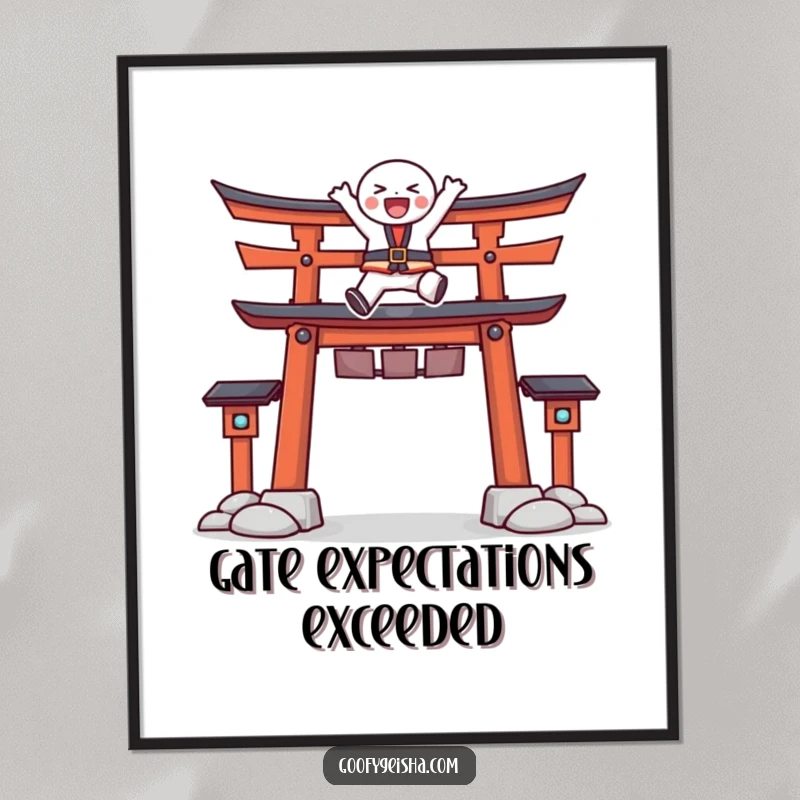 Funny Free Printable Wall Art: Character joyfully clears a stylized Torii gate in a spectacular leap. Energetic downloadable art.