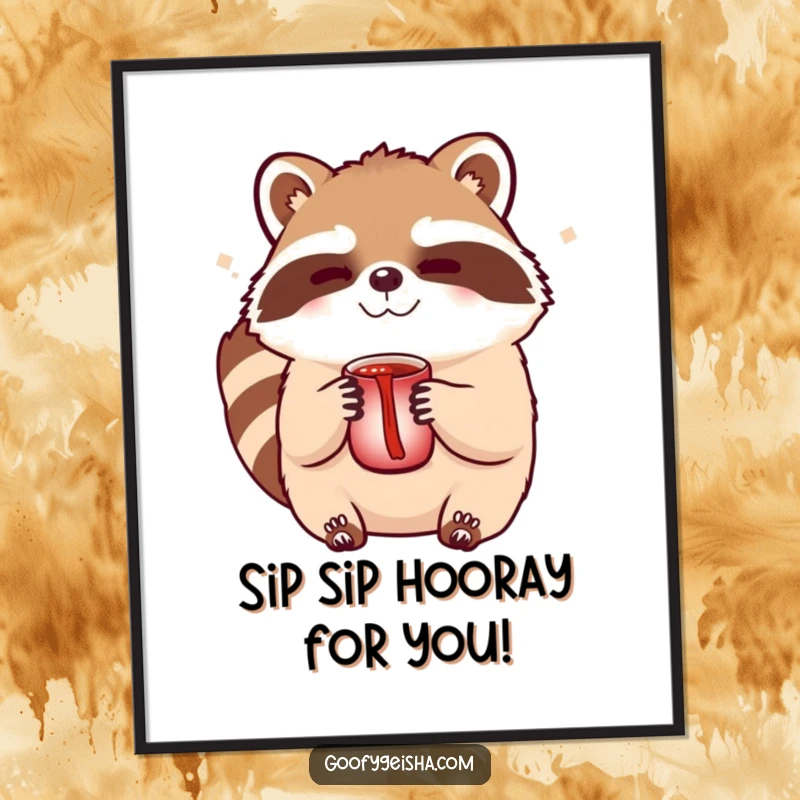 Funny Free Printable Wall Art: A cute Tanuki character winks playfully, holding a sake cup, adding a touch of humor.