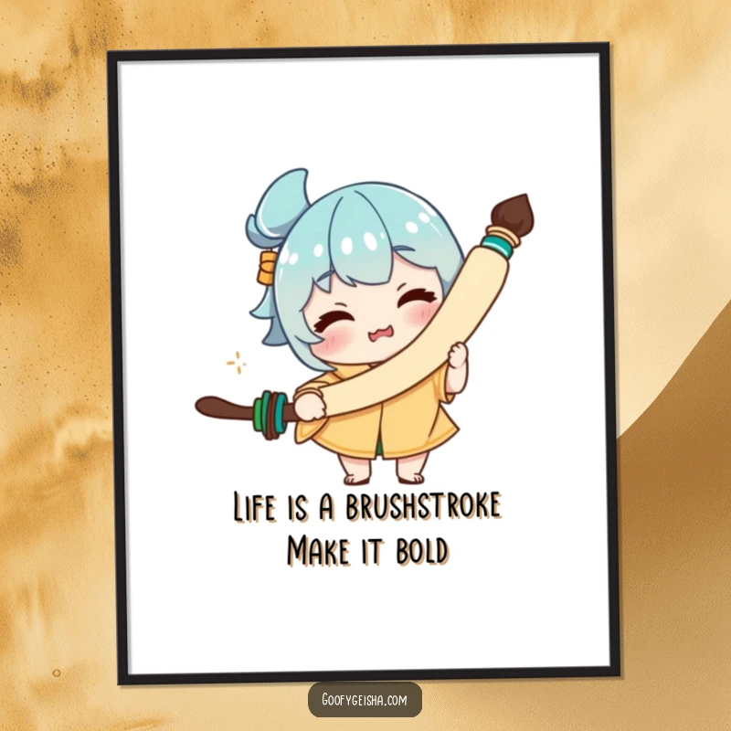 Funny free printable wall art of a character with a ridiculous face, holding a massive calligraphy brush. Hilarious and artistic home decor.