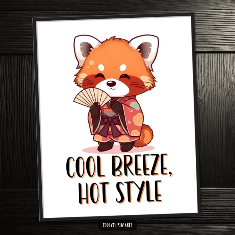 Funny Free Printable Wall Art: Playful red panda in a vibrant kimono, fanning itself with a relaxed vibe.