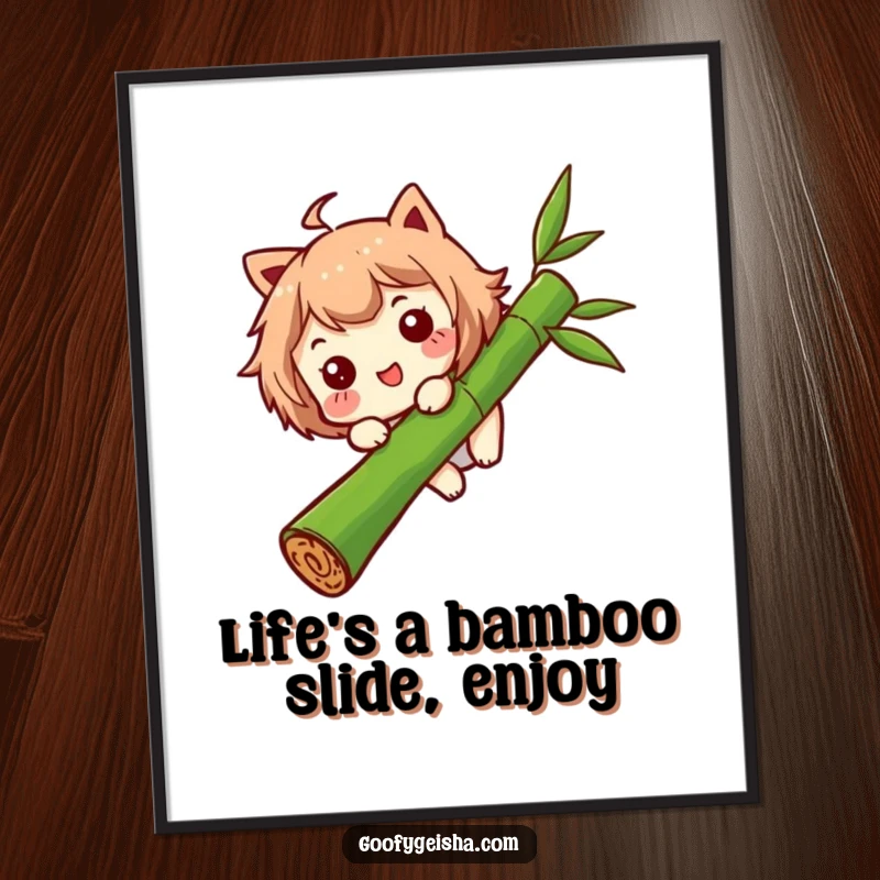 Funny Free Printable Wall Art: Character with a funny expression hilariously sliding down a smooth bamboo stalk.