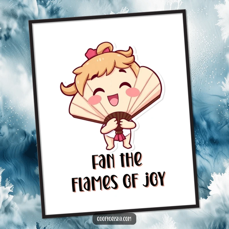 Funny Free Printable Wall Art of a smiling fan character opening and closing with a dynamic, cheerful flourish, bringing joy.