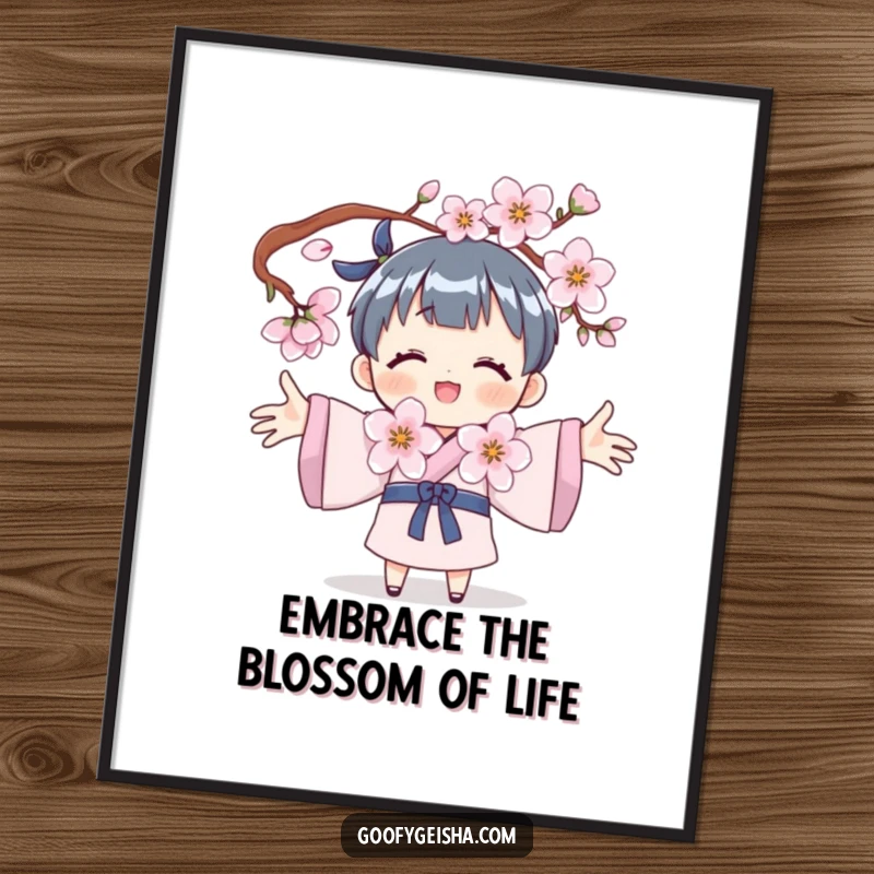 Funny Free Printable Wall Art: Character with arms open wide, tenderly embracing a blooming cherry blossom, symbolizing peace and growth.
