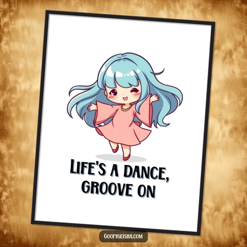 Funny Free Printable Wall Art: A dancing Kawaii character spins gracefully with flowing sleeves, exuding pure happiness.
