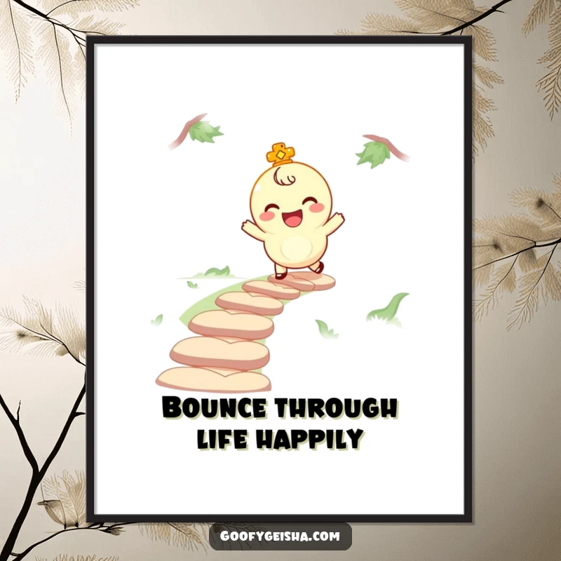 Funny Free Printable Wall Art featuring a giggling lucky charm character happily bouncing along a winding path, radiating positive energy.