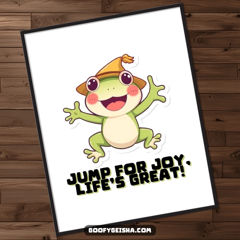 Funny Free Printable Wall Art: Cheerful frog wearing a straw hat, jumping high with pure joy.
