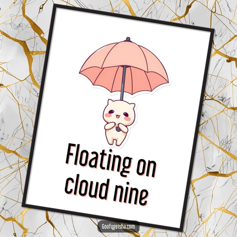 Funny free printable wall art of a cute Kawaii character floating upwards holding an oversized umbrella, adding a whimsical charm.