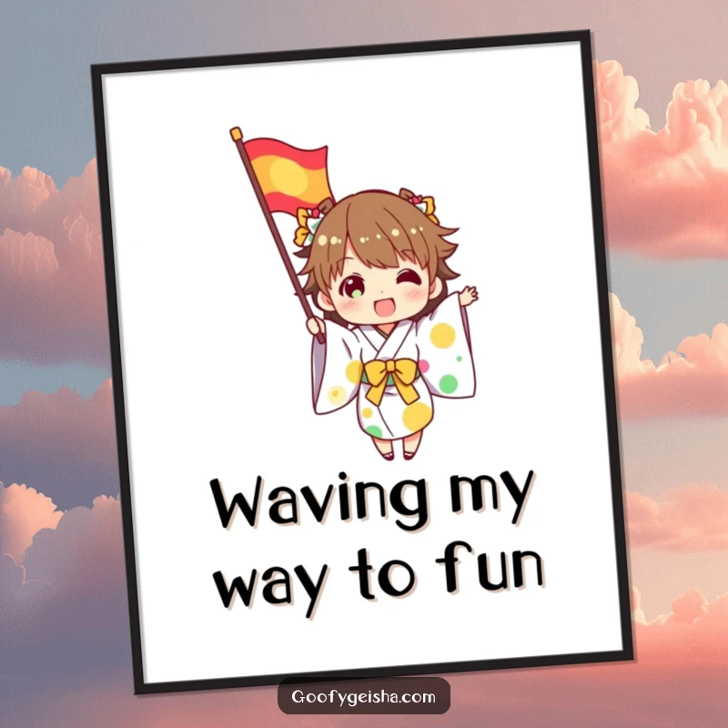 Funny Free Printable Wall Art: Character in kimono excitedly waves a colorful flag. Festive downloadable decor.