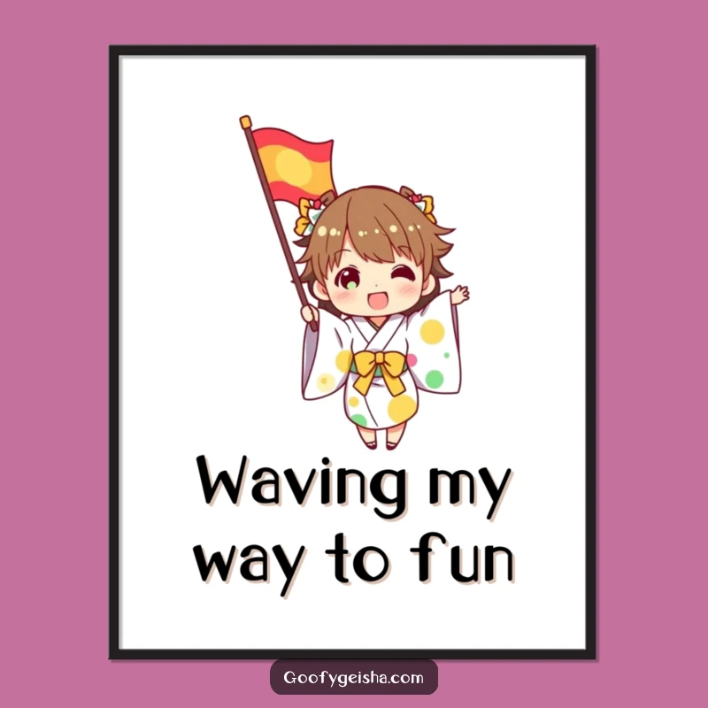 Funny Free Printable Wall Art: Kimono Flag Waving Character, Festive Downloadable Decor