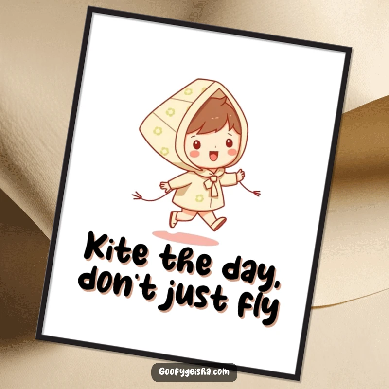 Funny Free Printable Wall Art: Tiny character with a happy expression skipping joyfully with a colorful patterned kite.
