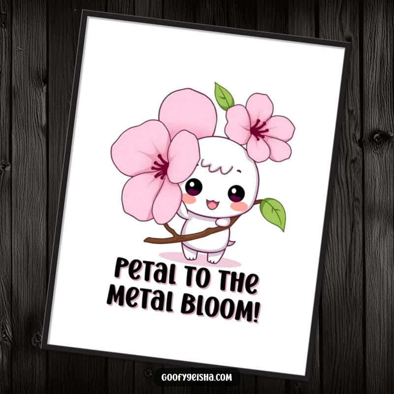 Funny Free Printable Wall Art: Mischievous Kawaii character taps a giant cherry blossom petal, a playful and downloadable art piece.