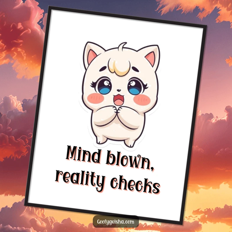 Funny Free Printable Wall Art: A surprised Kawaii character clutches its head, eyes wide with delight, bringing cheer.