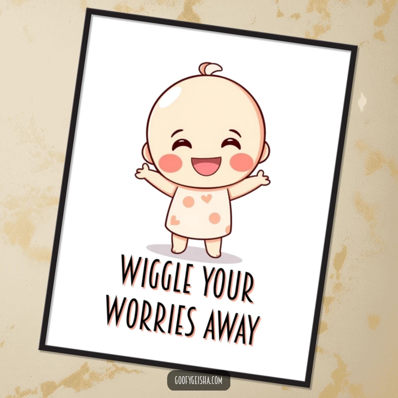 Funny Free Printable Wall Art of a grinning Kokeshi doll character mid-silly dance, radiating pure, unadulterated joy and movement.