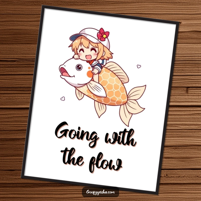 Funny Free Printable Wall Art: A character gleefully rides a giant, whimsical koi fish through serene waters. Enchanting home decor.