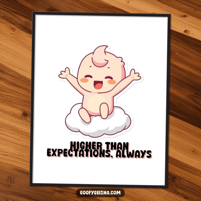 Funny Free Printable Wall Art: Kawaii character leaps with boundless joy towards and touches a fluffy cloud, inspiring happiness.