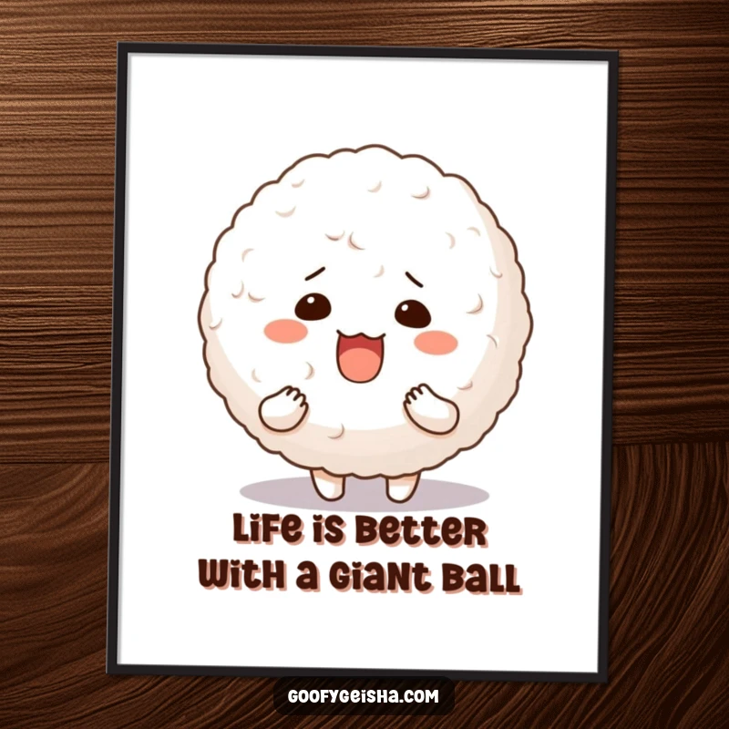 Funny Free Printable Wall Art: A character with a silly, wide-eyed expression is joyfully holding a comically large, bouncy rice ball.