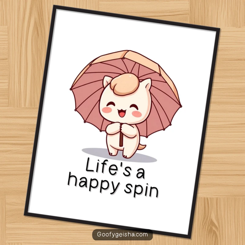 Funny Free Printable Wall Art: A happy Kawaii character spins joyfully with a tilted, comical umbrella. Whimsical decor.
