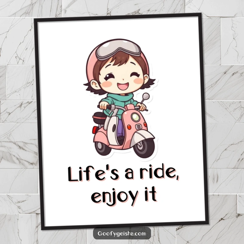 Funny Free Printable Wall Art: Small character with a bright grin joyfully riding a small scooter, bringing smiles to any room.