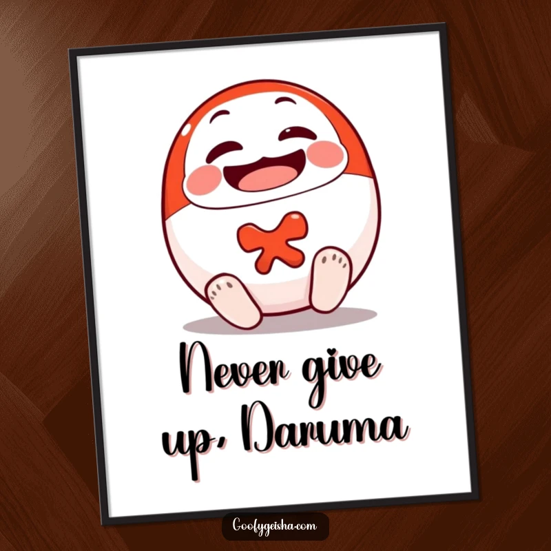 Funny Free Printable Wall Art: a smiling Daruma doll character cheerfully rolling upright, symbolizing determination and success.