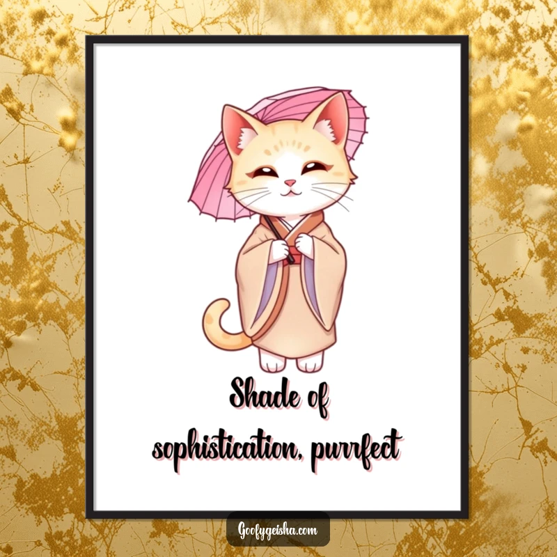Funny Free Printable Wall Art: A graceful cat in a silk kimono, holding a parasol with understated style.