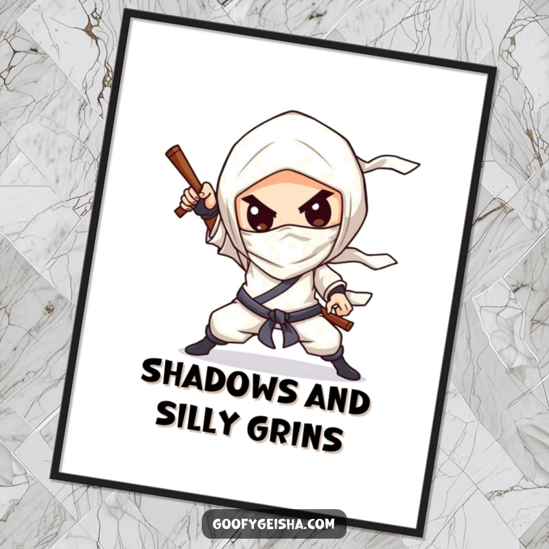 Funny free printable wall art of a chibified character dramatically posing like a ninja with a silly grin, adding playful energy.
