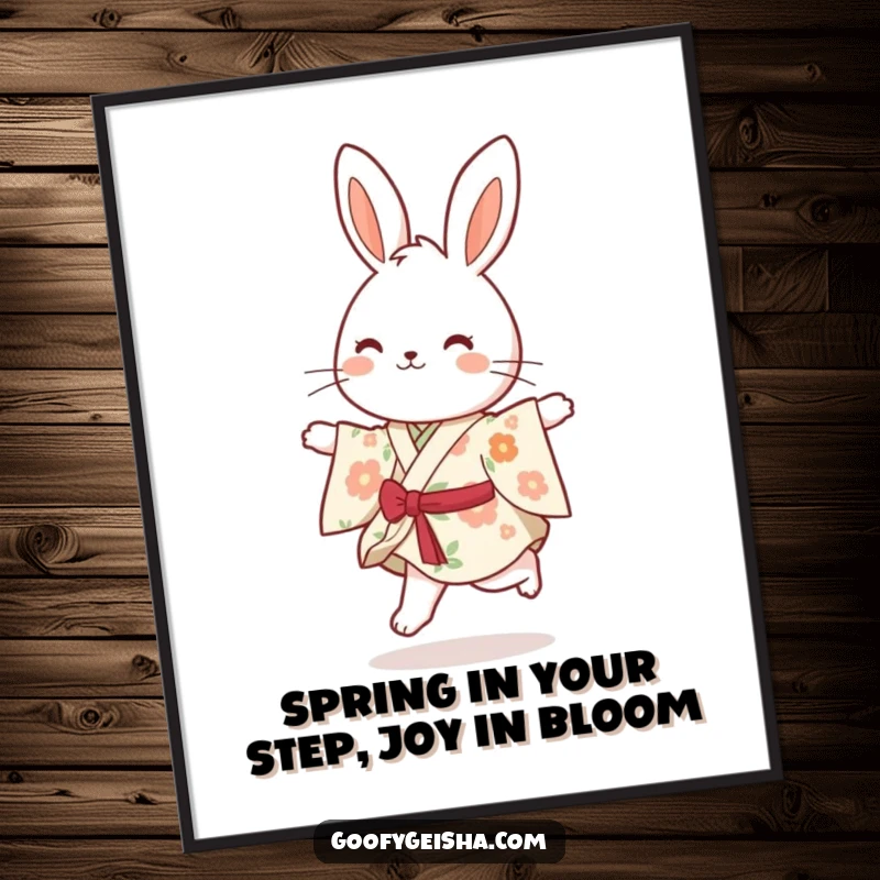 Funny Free Printable Wall Art: A bouncy bunny in a floral kimono, captured mid-skip with infectious joy.