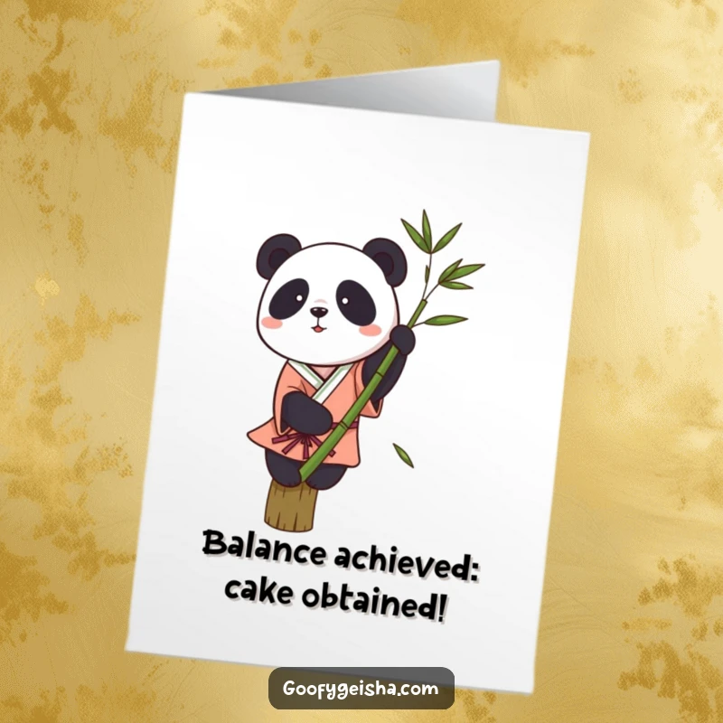 Funny free printable birthday card featuring a clumsy panda in a kimono attempting to balance on a bamboo stalk, looking surprised.